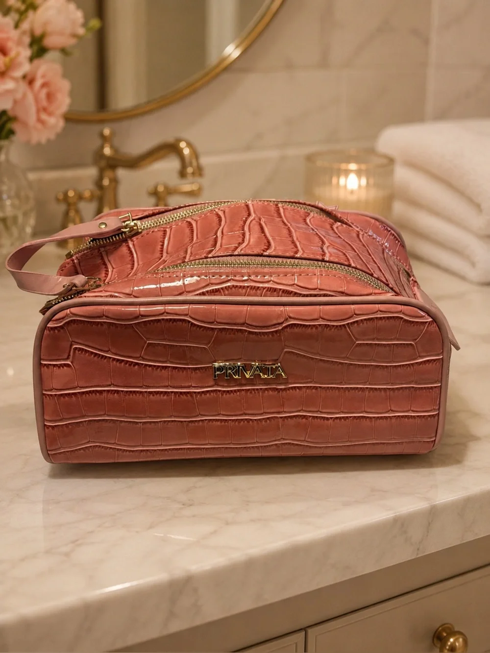 Pink Croc-Embossed Women's Travel Cosmetic Case